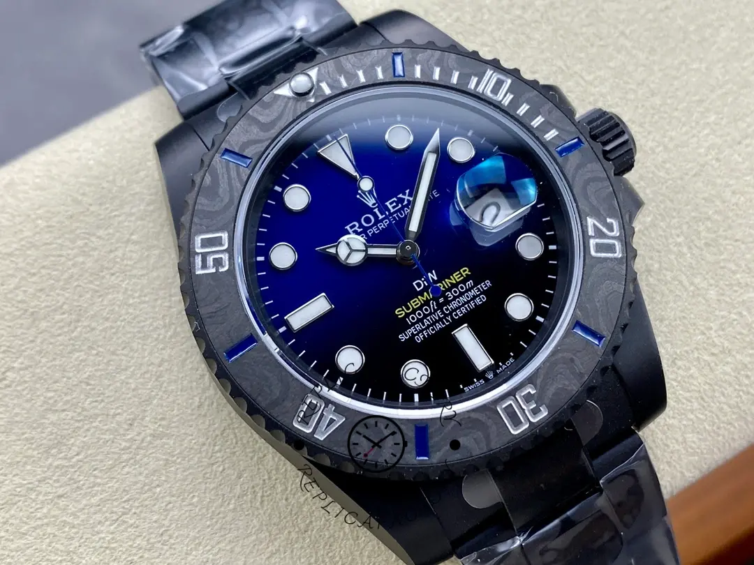 Angled close-up of Rolex Submariner DIW 116610 showing blue dial, bezel scale, and PVD/DLC lugs.