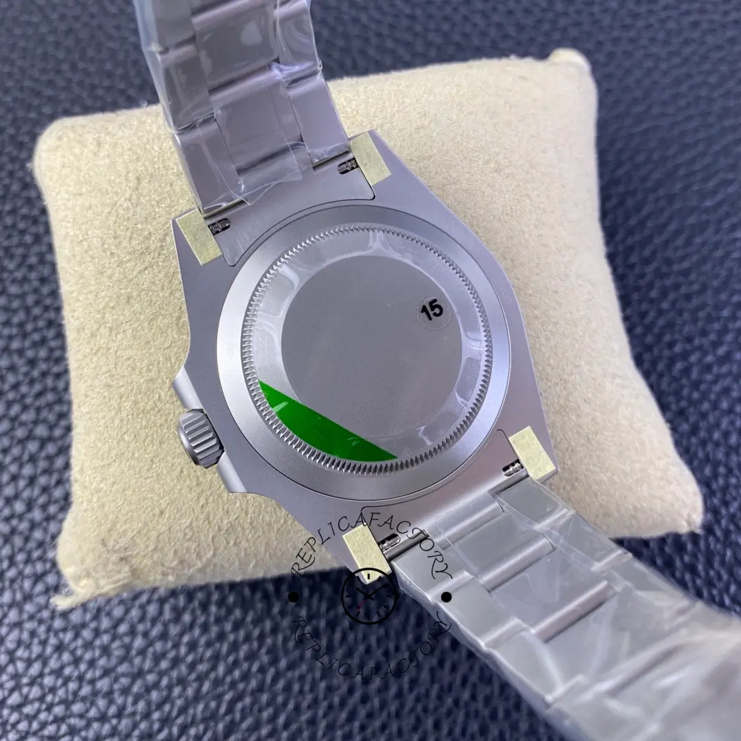 Caseback view of Custom Rolex Submariner 116610 carbon fiber on bracelet.