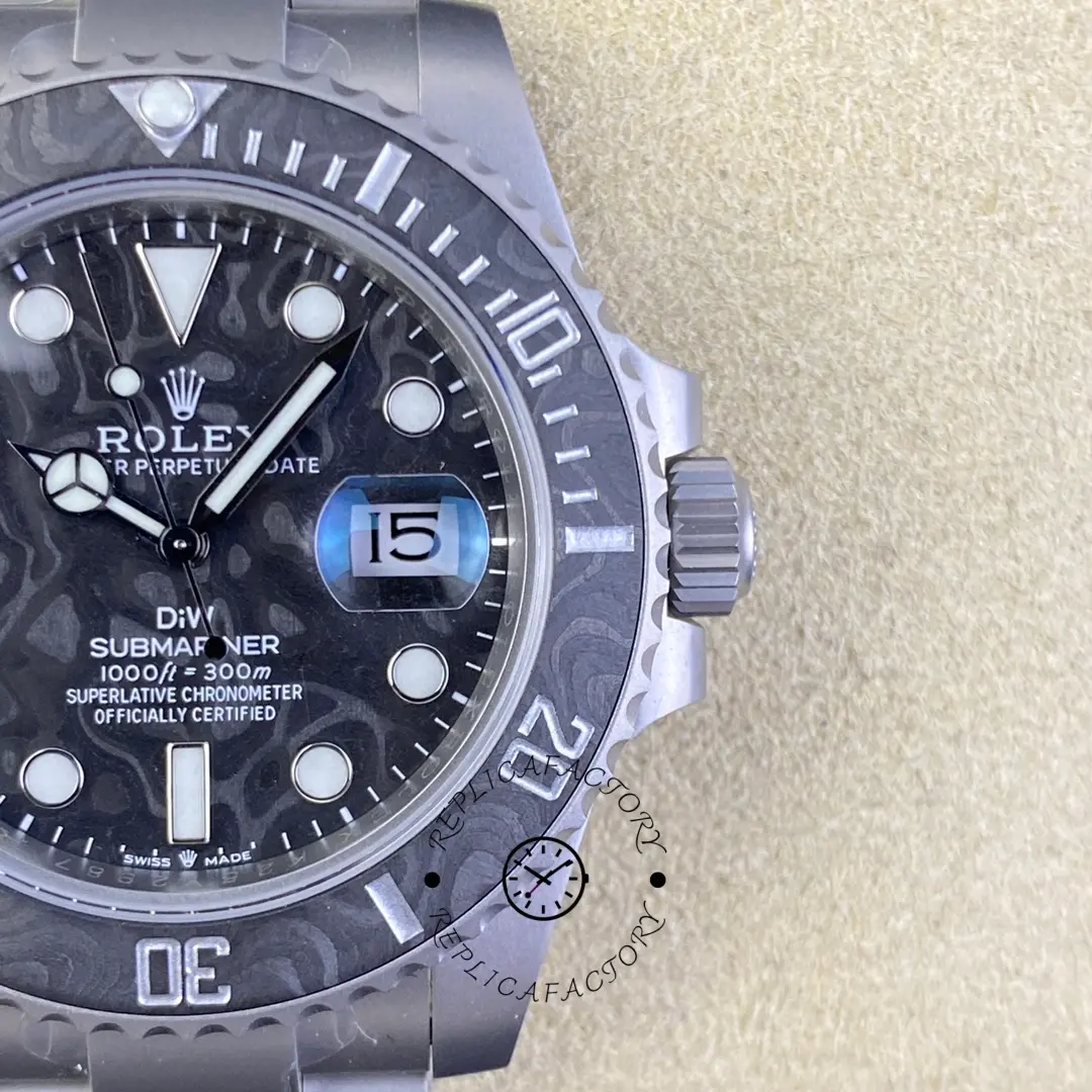 Close-up of Custom Rolex Submariner 116610 carbon fiber dial and bezel markers.