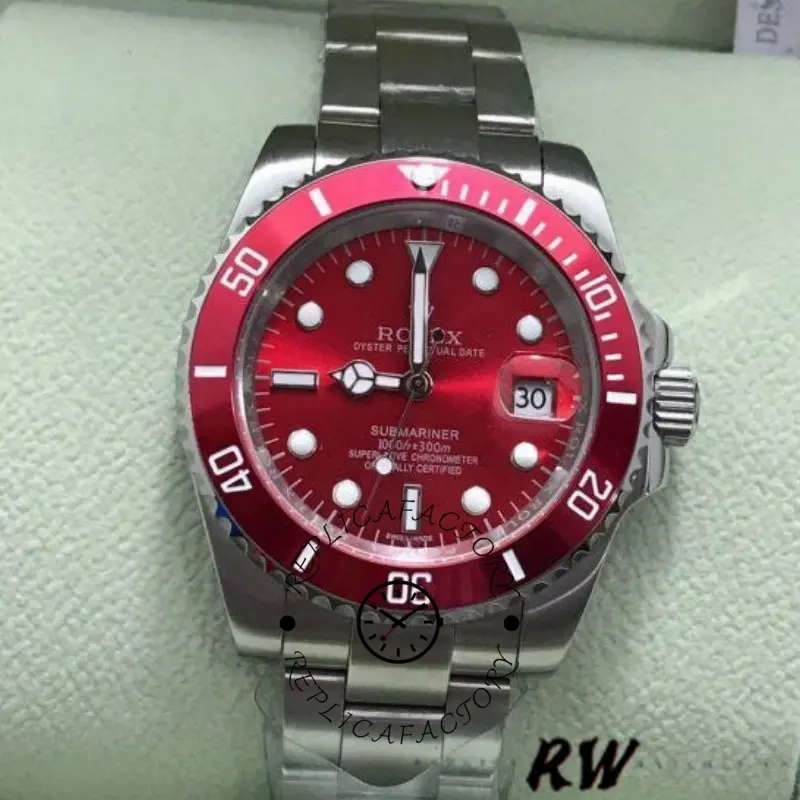 Rolex Submariner 116610, red dial and bezel, front close-up on Oyster bracelet.