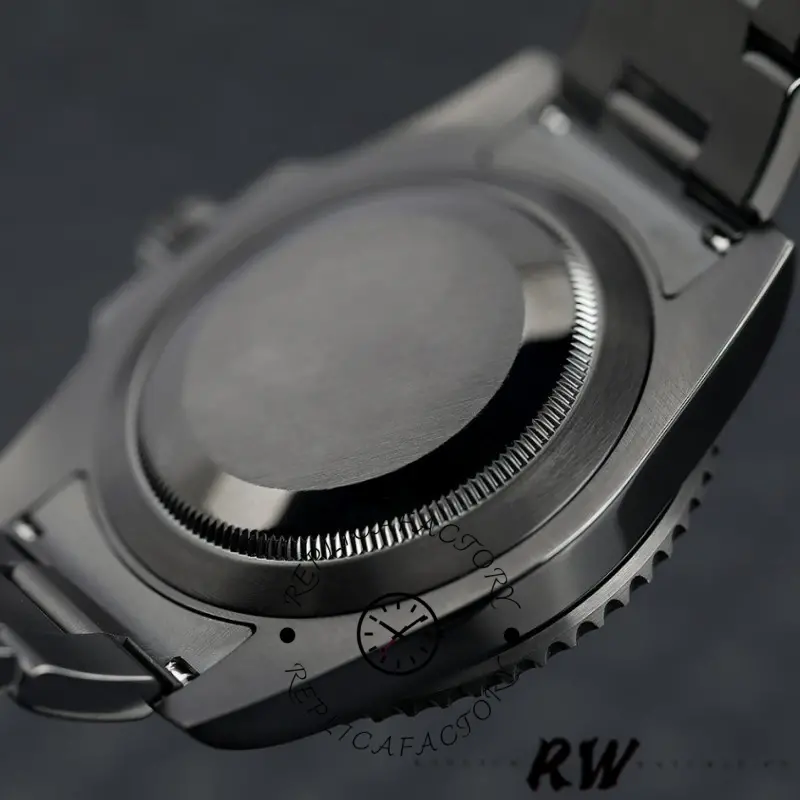 Rolex Submariner Date 116610LN caseback view, solid back and black PVD/DLC lugs shown.