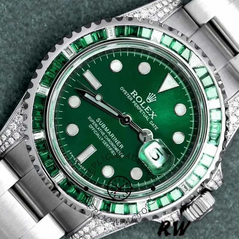 Rolex Submariner Date 116610LN dial close-up, green sunburst dial, luminous markers, diamond-set bezel detail.