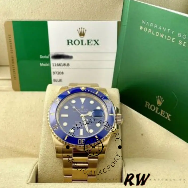 Rolex Submariner 116618, watch with Rolex box background, blue dial and gold bracelet.