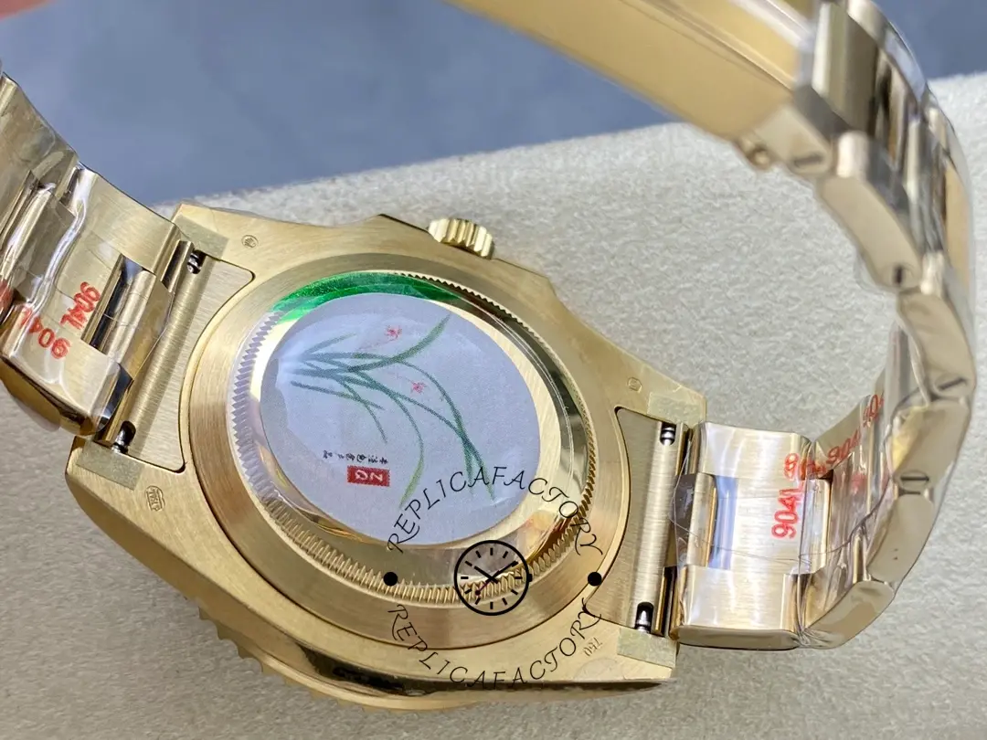 Rolex Submariner 116618, caseback close-up with protective sticker and bracelet end links.