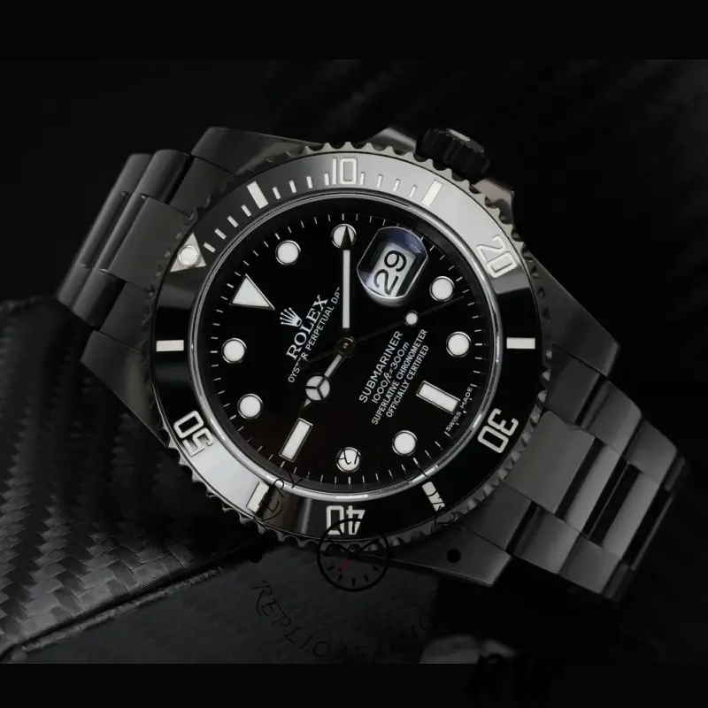 Rolex Submariner 116610LN, angled view showing black PVD/DLC bracelet and case.