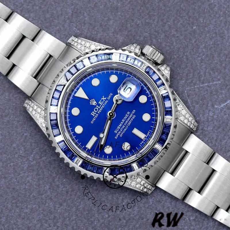 Rolex Submariner Date 116610LN, full front view with blue dial and diamond bezel.