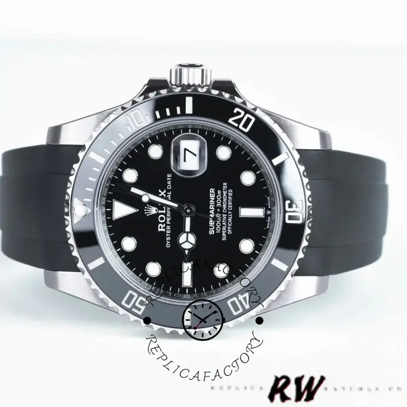 Rolex Submariner 126610LN, full watch on rubber strap, front view on white background.