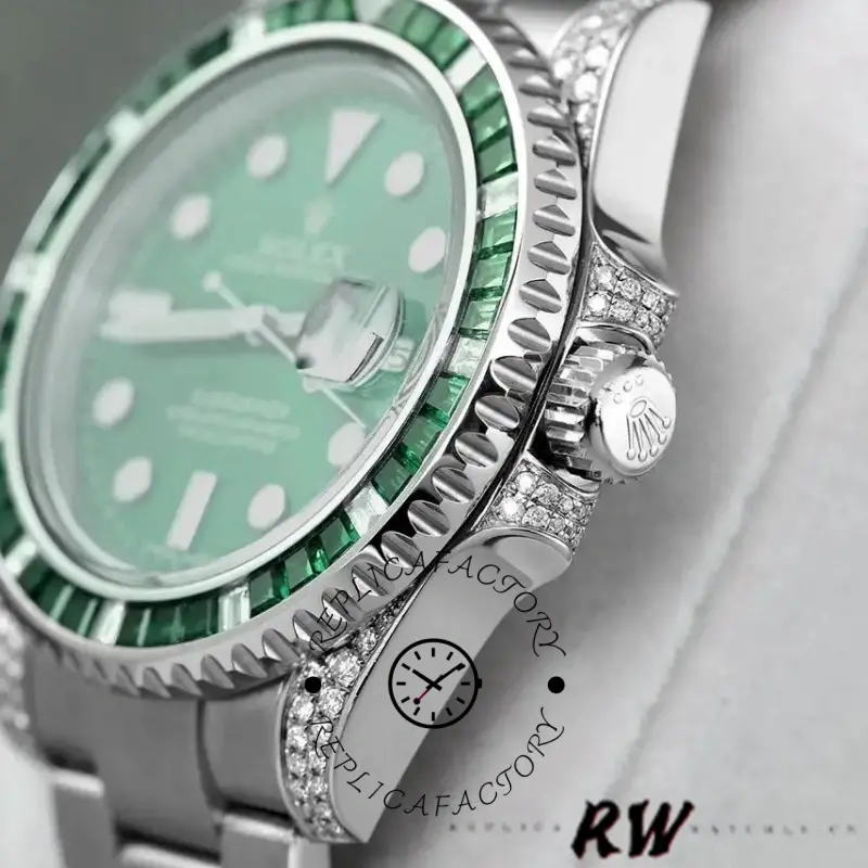 Rolex Submariner Date 116610LN side profile, screw-down crown and crown guards, polished case edge.
