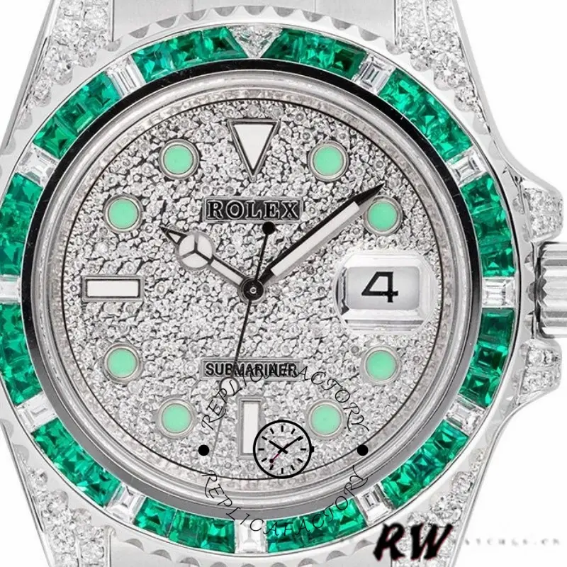 Rolex Submariner 116610LN, dial close-up showing pavé diamonds and date window at 3.