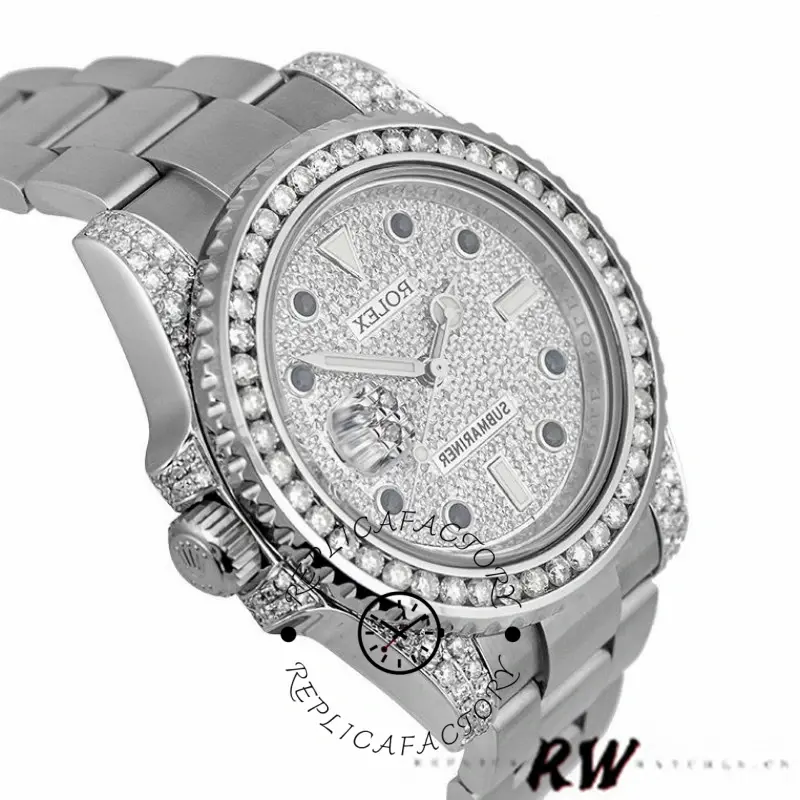 Rolex Submariner Date 116610LN, angled view showing diamond bezel and lugs with Oyster bracelet.