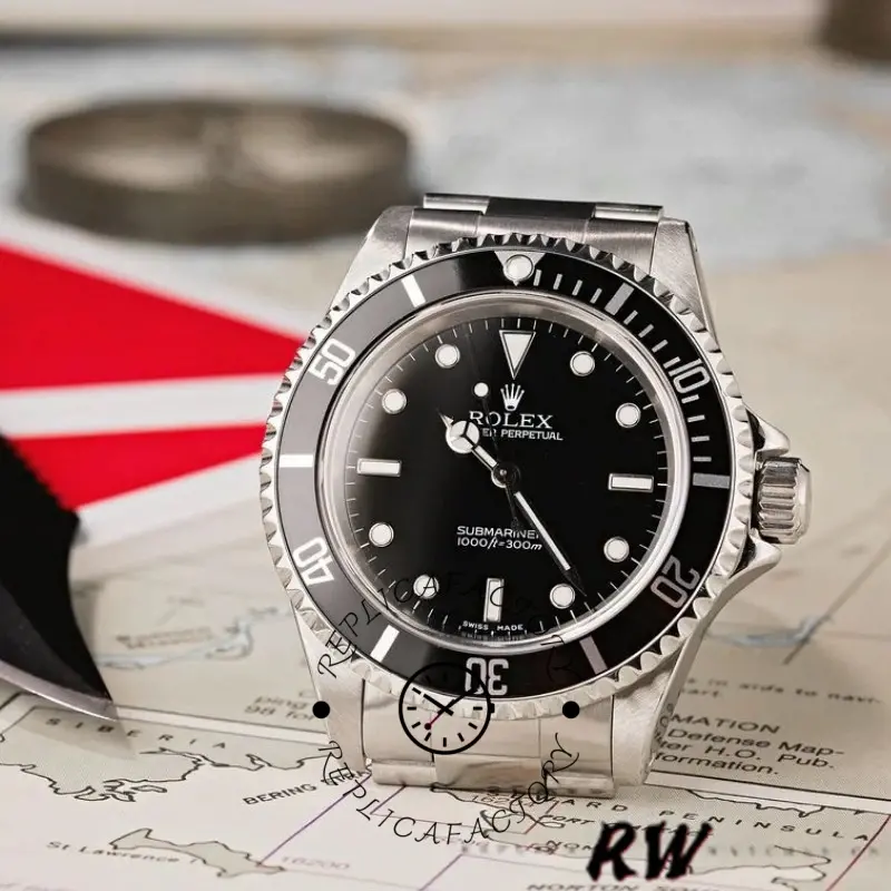 Rolex Submariner 14060 lifestyle shot on map, black dial and bezel highlighted.