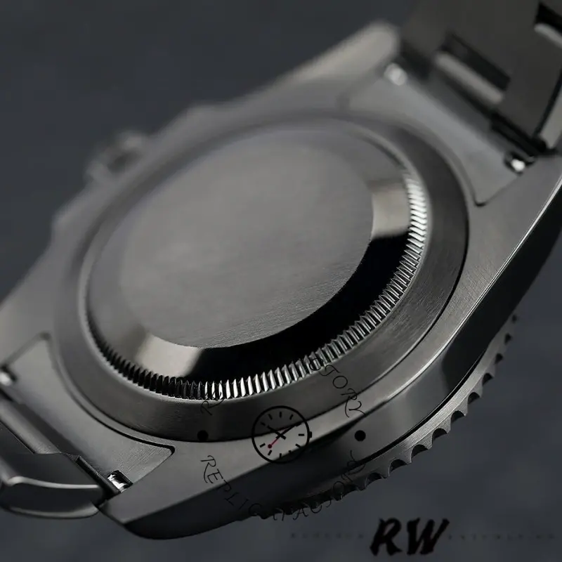 Caseback view of Rolex Submariner Date 116610LN showing the black PVD/DLC back and lugs.