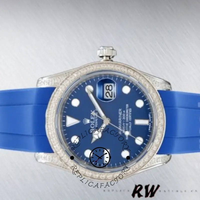 Rolex Submariner 116610, front view on display, blue strap and bezel.