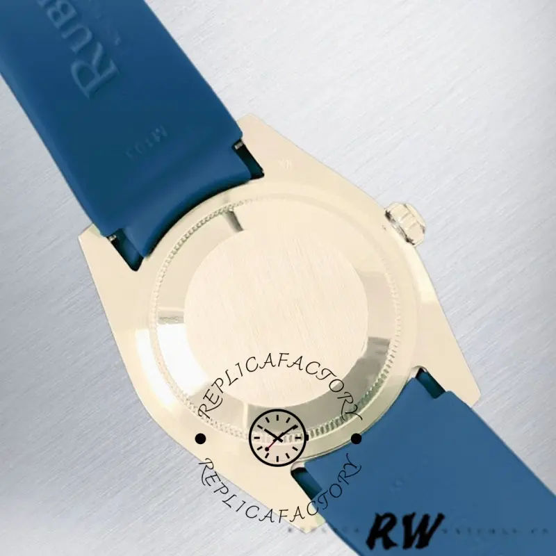 Rolex Submariner 116610, caseback view with blue rubber strap attached.