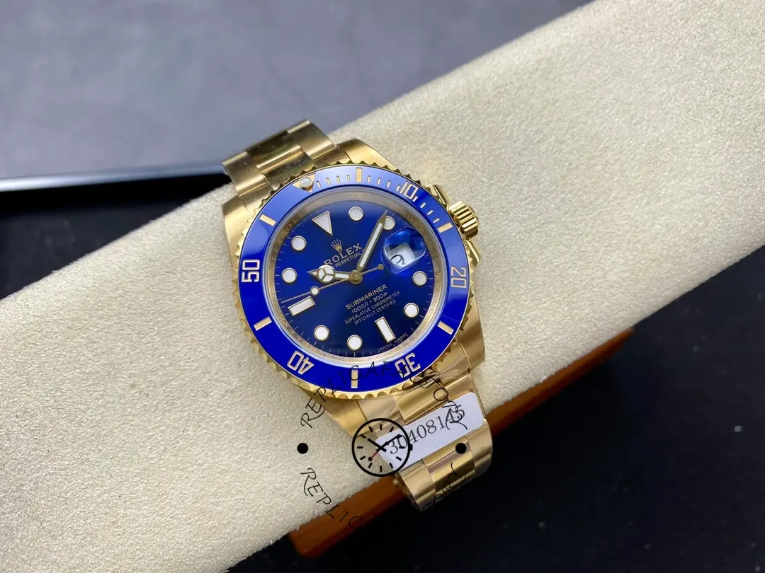 Rolex Submariner 116618, watch on cushion at an angle with blue bezel.