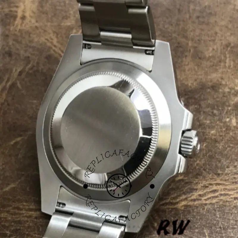 Rolex Submariner Date 116610LN, caseback view with brushed steel back and lugs.