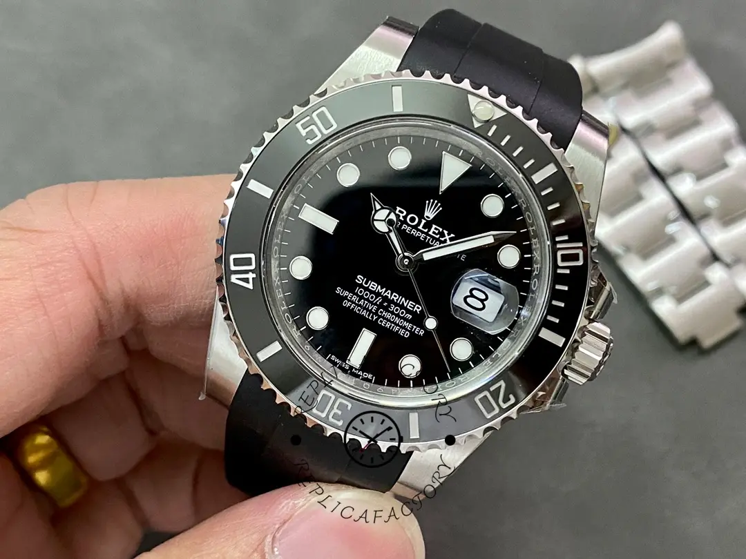 Rolex Submariner 126610LN, angled cushion shot highlighting black ceramic bezel edge.