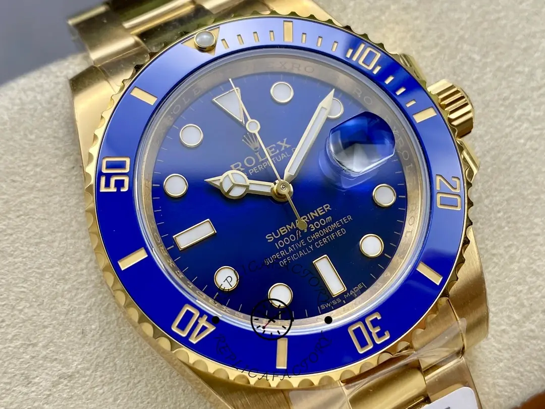 Rolex Submariner 116618, blue bezel and dial close-up from top angle.