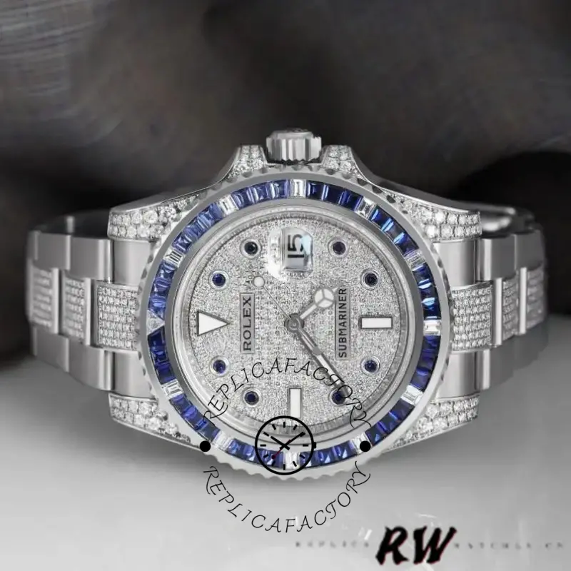 Rolex Submariner 116610LN angled full view, diamond bezel ring and polished Oyster links shown.