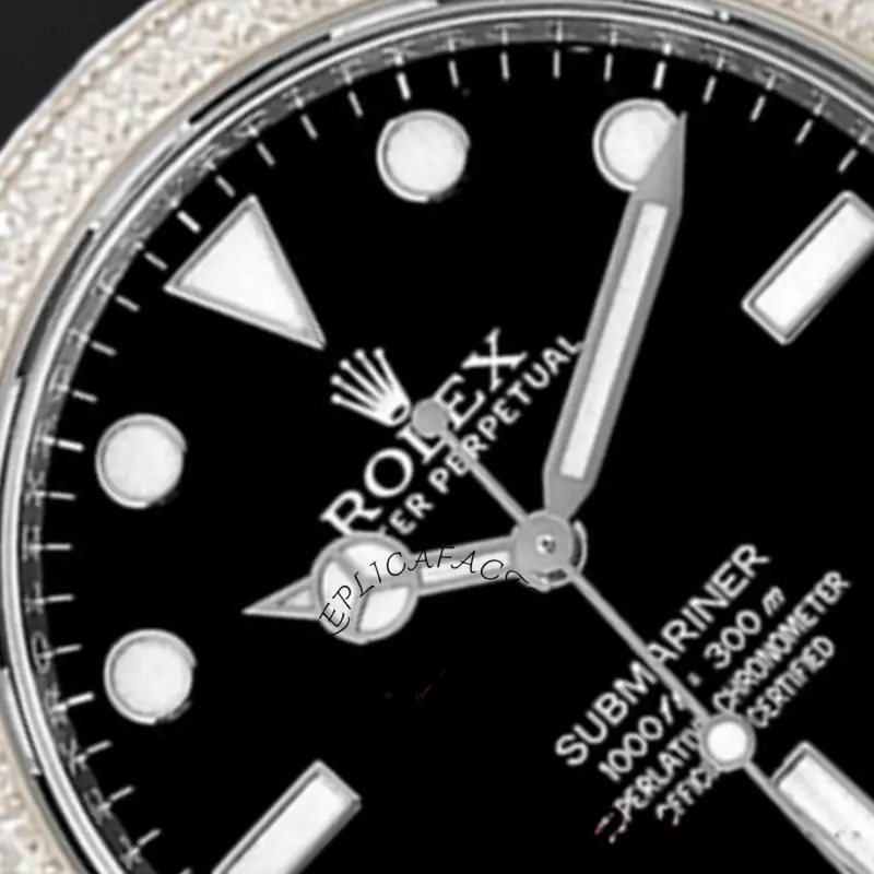 Rolex Submariner 116610, macro of hands and hour markers on the black dial.
