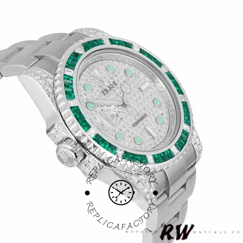 Rolex Submariner 116610LN, angled view highlighting the green gem bezel and case profile.