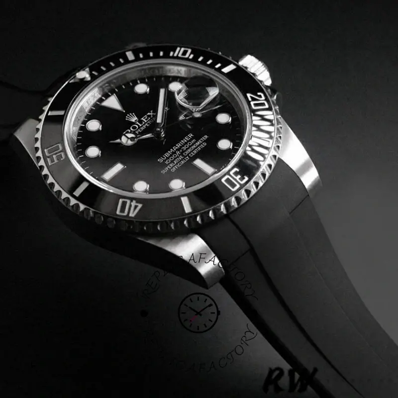 Rolex Submariner 126610LN, dramatic angle shot on black background showing bezel shine.