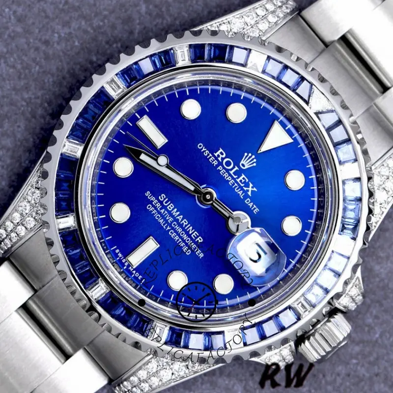 Rolex Submariner Date 116610LN, blue dial with diamond bezel, dial close-up on grey.
