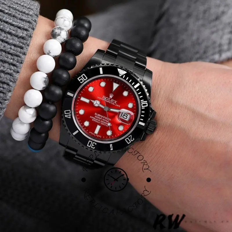 Wrist shot of Rolex Submariner Date 116610LN, red dial with black PVD/DLC bracelet.