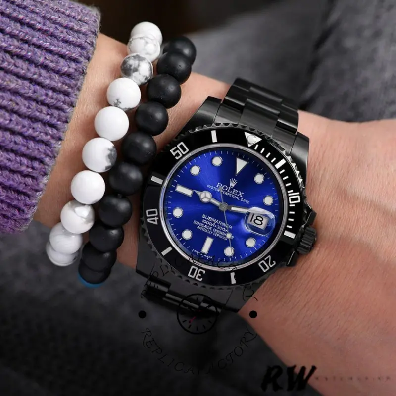 Rolex Submariner Date 116610LN wrist shot, blue dial contrast on black PVD/DLC bracelet.