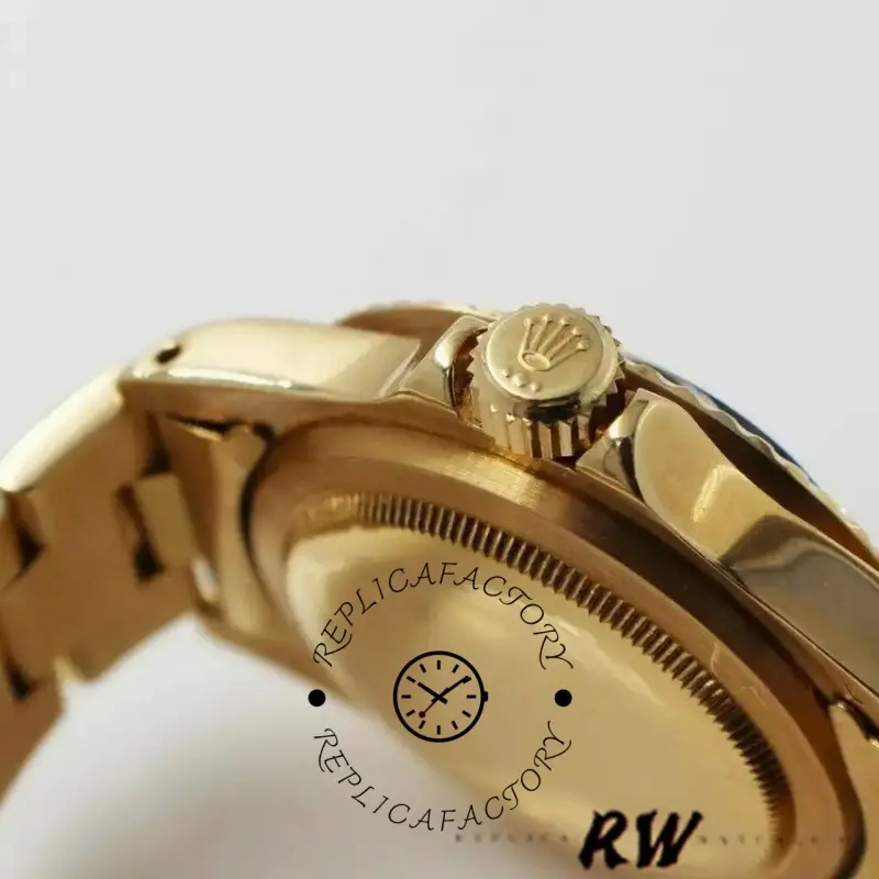 Rolex Submariner 1680/8, crown and case profile close-up, yellow gold finish detail.