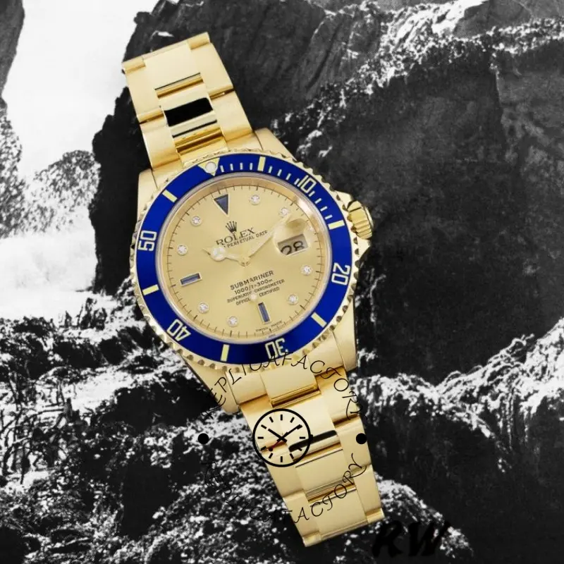 Rolex Submariner 16618, full watch view on rock-style background, showing champagne dial and blue bezel.