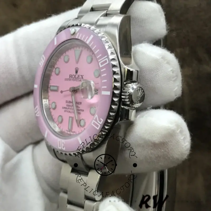 Rolex Submariner Date 116610LN, angled view showing pink dial, bezel, and case profile.