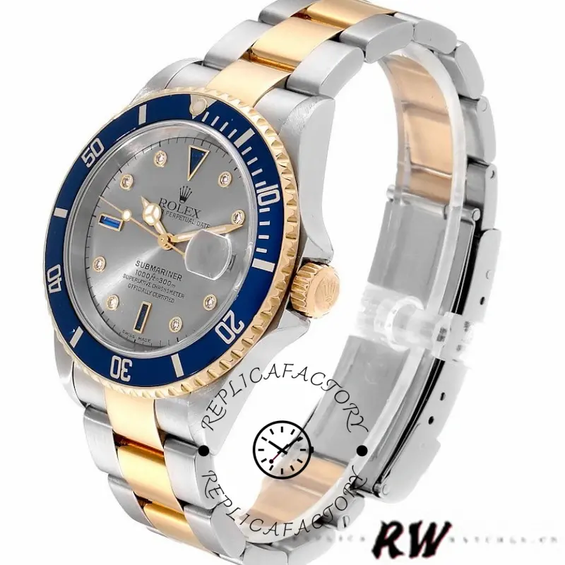 Rolex Submariner 16613 Steel Gold Diamond Sapphire Serti Dial 40mm Mens Replica Watch
