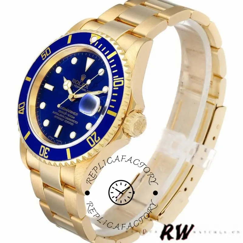 Rolex Submariner 16618 Yellow Gold Blue Dial 40mm Mens Replica Watch
