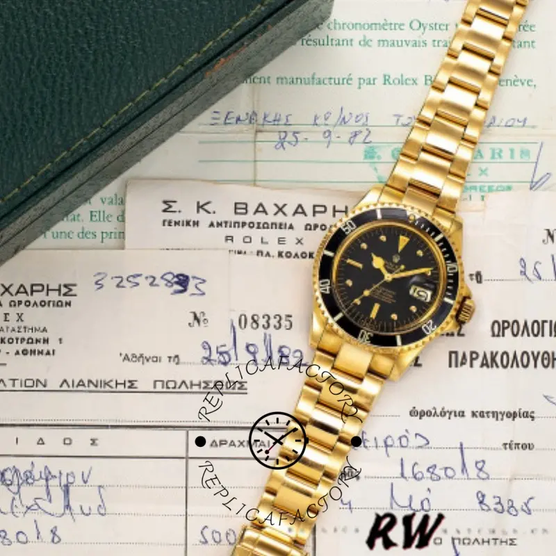 Rolex Submariner 1680/8, full length yellow gold bracelet shot with black dial visible.