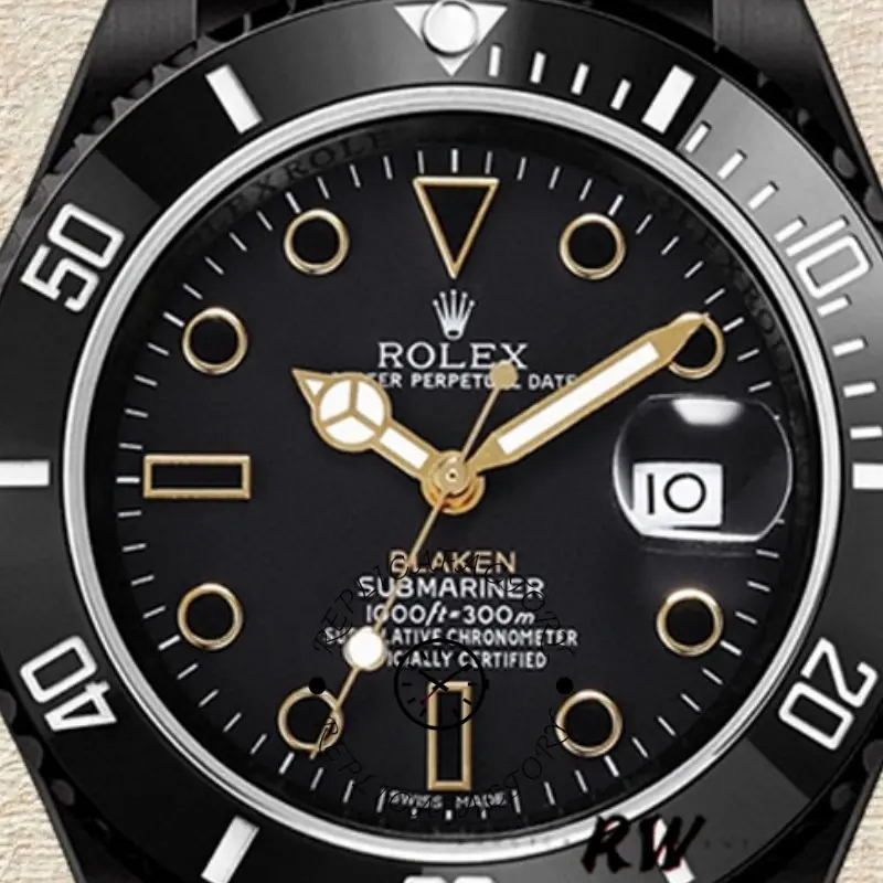Rolex Submariner 116610, black dial close-up, hour markers and hands detail.