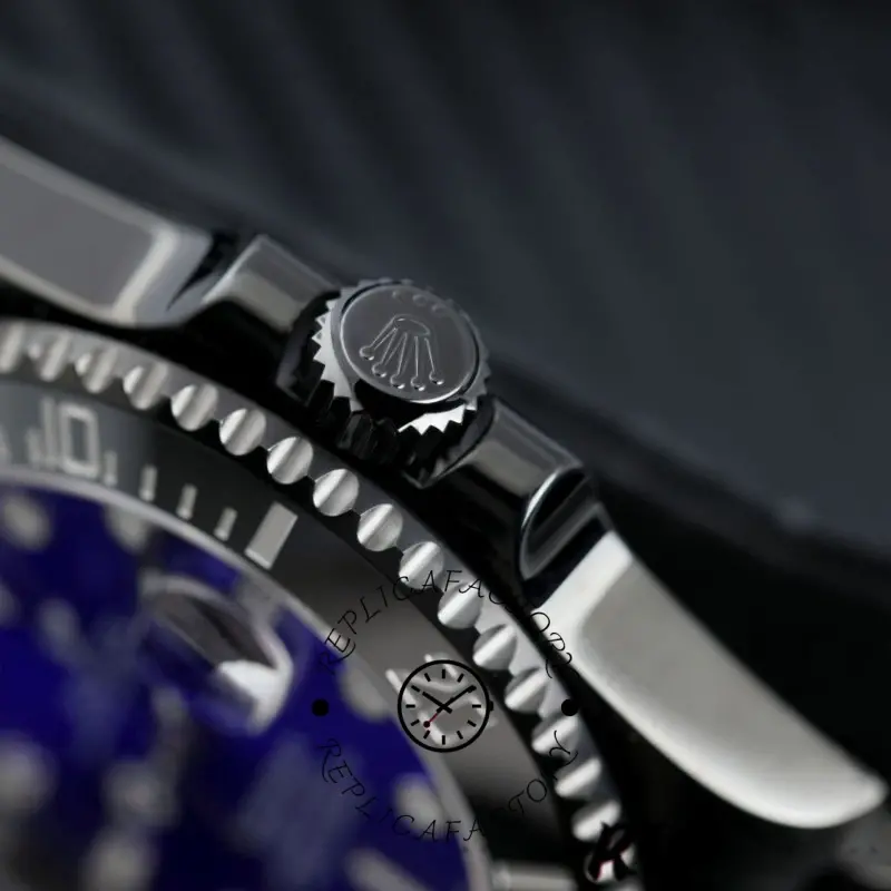 Rolex Submariner Date 116610LN side view, screw-down crown and crown guards, PVD/DLC texture detail.