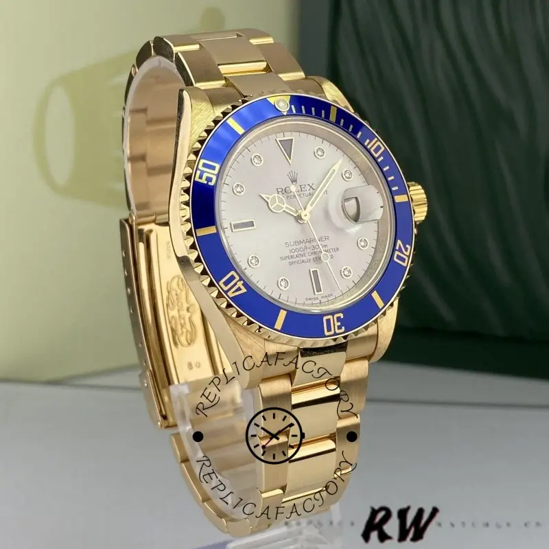 Rolex Submariner 16618, angled front view showing blue bezel and Serti hour markers.