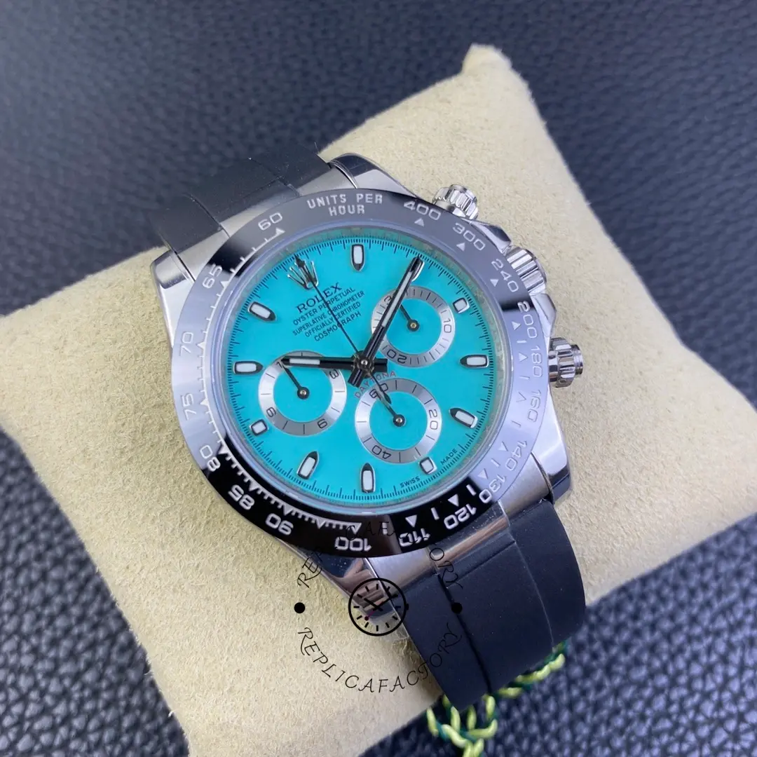 Angled close-up of Rolex Daytona 116519LN highlighting the black ceramic bezel and pushers.