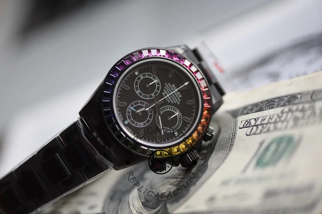 Rolex Rainbow Daytona 116520 DLC-PVD, watch on cash background showing dial and bezel.