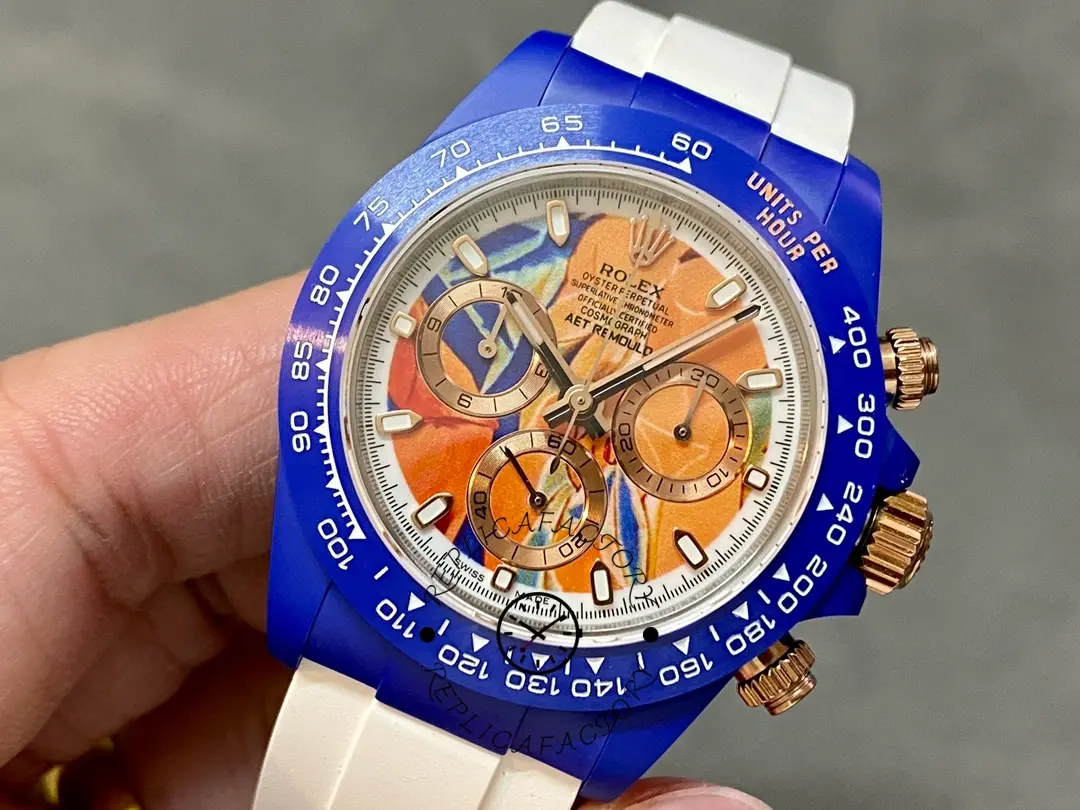 Rolex Daytona AET Remould Les Demoiselles D'Avignon 40mm, angled view showing blue bezel.