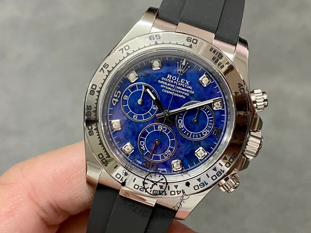 Three-quarter view of the Rolex Daytona 116519 on strap, showing the case and chronograph pushers.