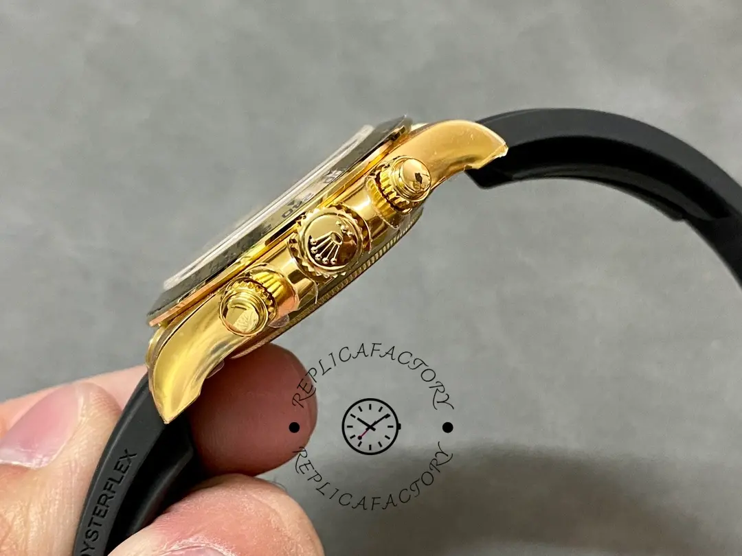 Rolex Daytona 116518, side profile showing crown and chronograph pushers on yellow gold case.