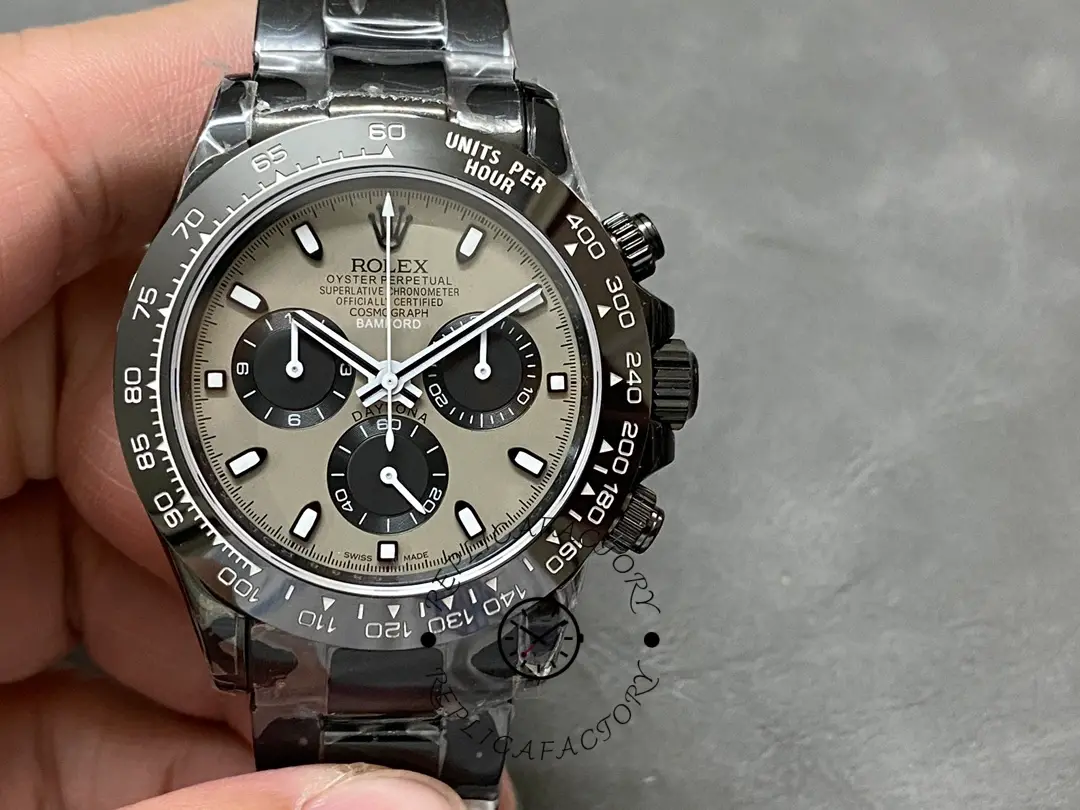 Hand-held close view of the Rolex Daytona Blaken PVD 40MM, grey dial and black bezel details.