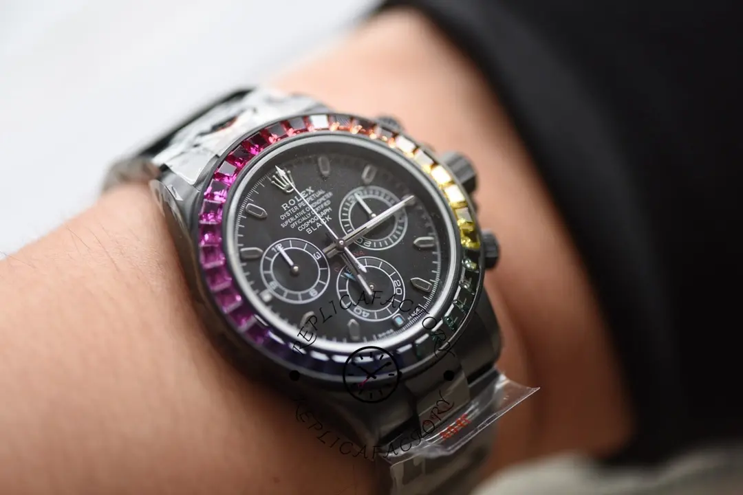 Rolex Rainbow Daytona 116520 DLC-PVD, wrist shot showing rainbow bezel and black dial.