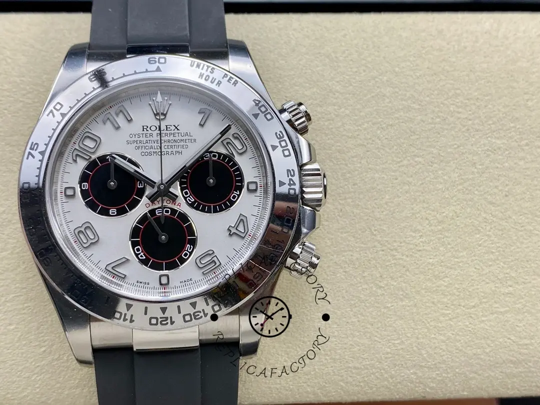 Rolex Daytona 116519, front view showing panda dial and bezel.