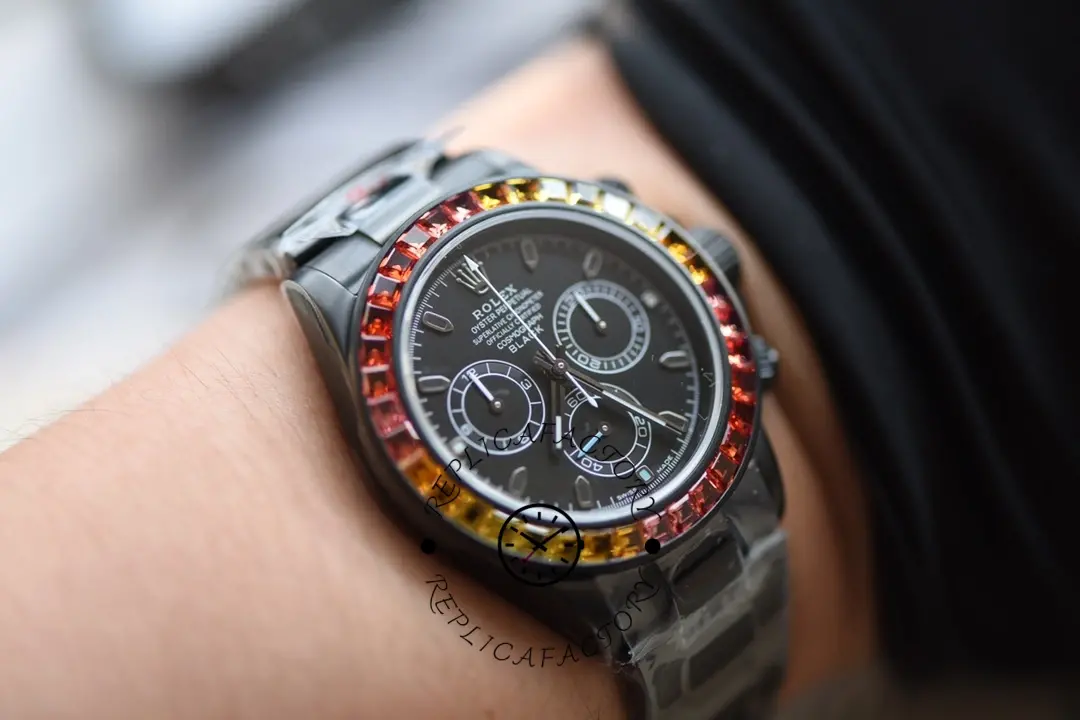 Rolex Rainbow Daytona 116520 DLC-PVD, angled wrist view with rainbow bezel detail.