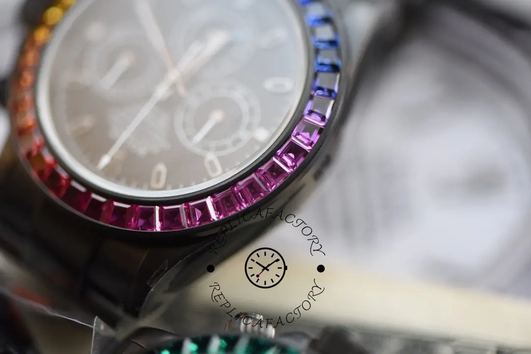 Rolex Rainbow Daytona 116520 DLC-PVD, close-up of rainbow bezel gemstones.