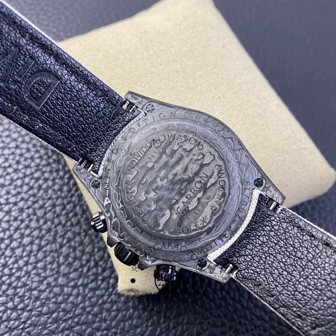 Rolex Daytona DIW Carbonfiber 40, caseback close-up showing carbon-style back texture.