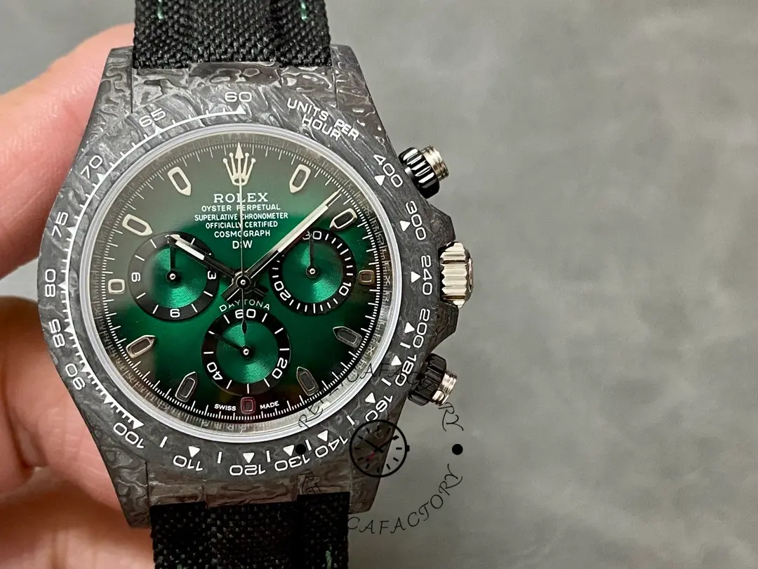 Rolex Daytona DIW 40mm, straight-on dial shot highlighting green subdials and tachymeter bezel.